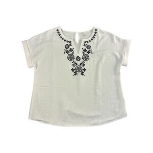 Cato Embroidered V Neck Tunic Top White Black Floral Short‎ Sleeve Women Size L